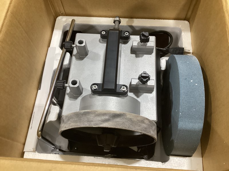 Condition photo showing As Is for bucktool 10-inch variable speed wet sharpening system, 1.2-amp two-direction water cooled wet stone grinder 90-160rpm, wet bench grinder for knife, chisel, knife, axe, scm8103