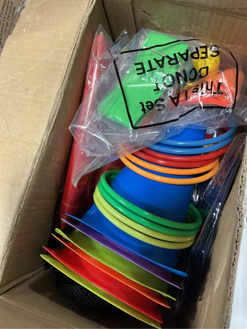 Condition photo showing Good Condition for 53 pieces outdoor lawn game carnival toss set potato sack race bags egg and spoon race party ring bean bag tossing cones prizes for adult family birthday party outdoor game supplies