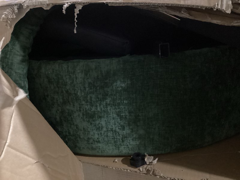 Condition photo showing As Is for similar to stock photo .. green 360° swivel chenille accent barrel chair with 3 removable pillows, round sofa chair