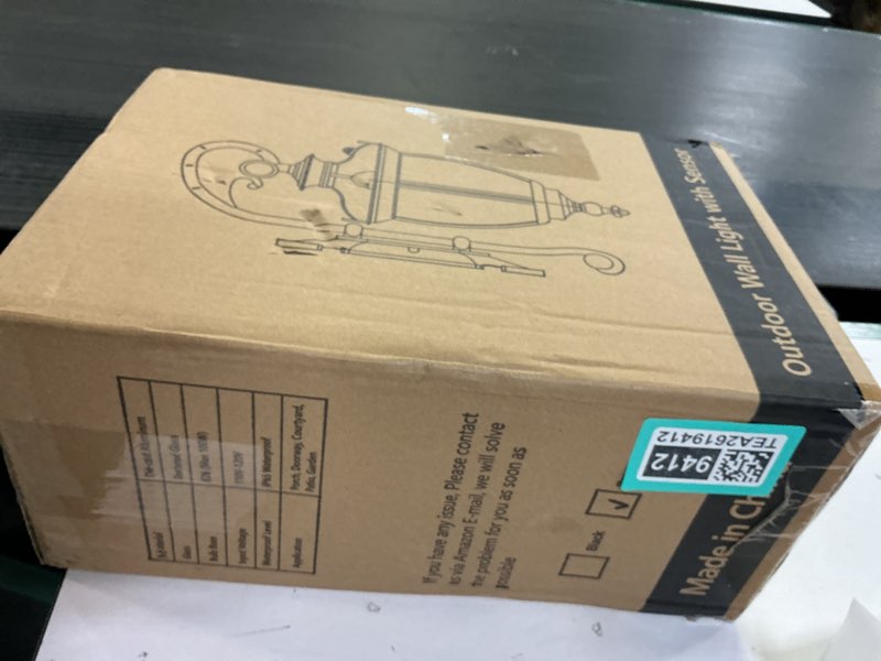 Condition photo showing New/Like New for PARTPHONER Dusk to Dawn Outdoor Light Fixture Wall Mount, Waterproof Porch Light Fixtures Wall Lamp, Outside Wall Sconce Exterior Wall Lamp with Textured Glass for House Front Door Garage (Black)