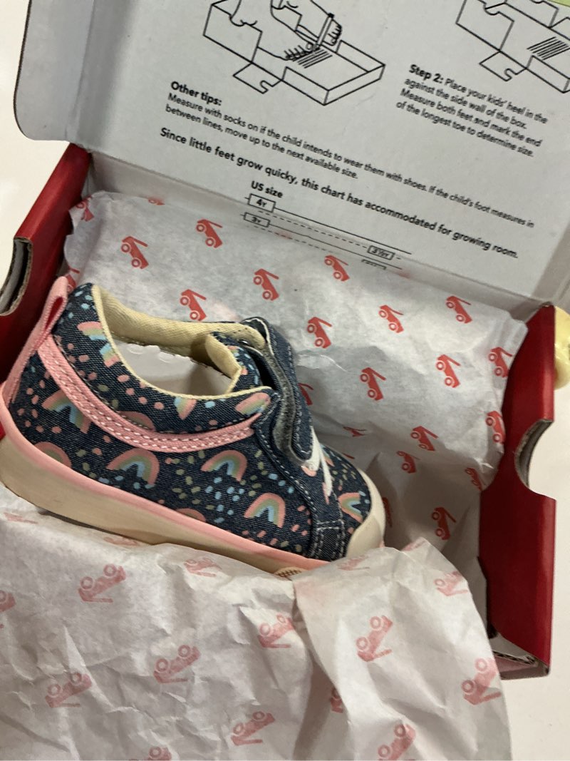 Condition photo showing New/Like New for   see kai run, kristin sneakers for kids, chambray/rainbows, 6m toddler
