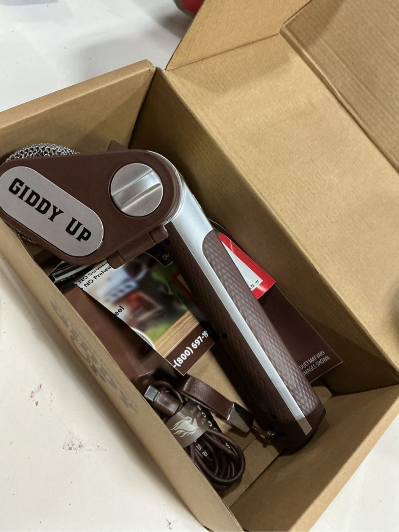 Condition photo showing As Is for horsepower giddy up grill cleaner as seen on tv! – cordless, rechargeable bbq tool with 350 rpm stainless roller, led light – patents pending – from bulbhead, a family-owned american brand 9 in.