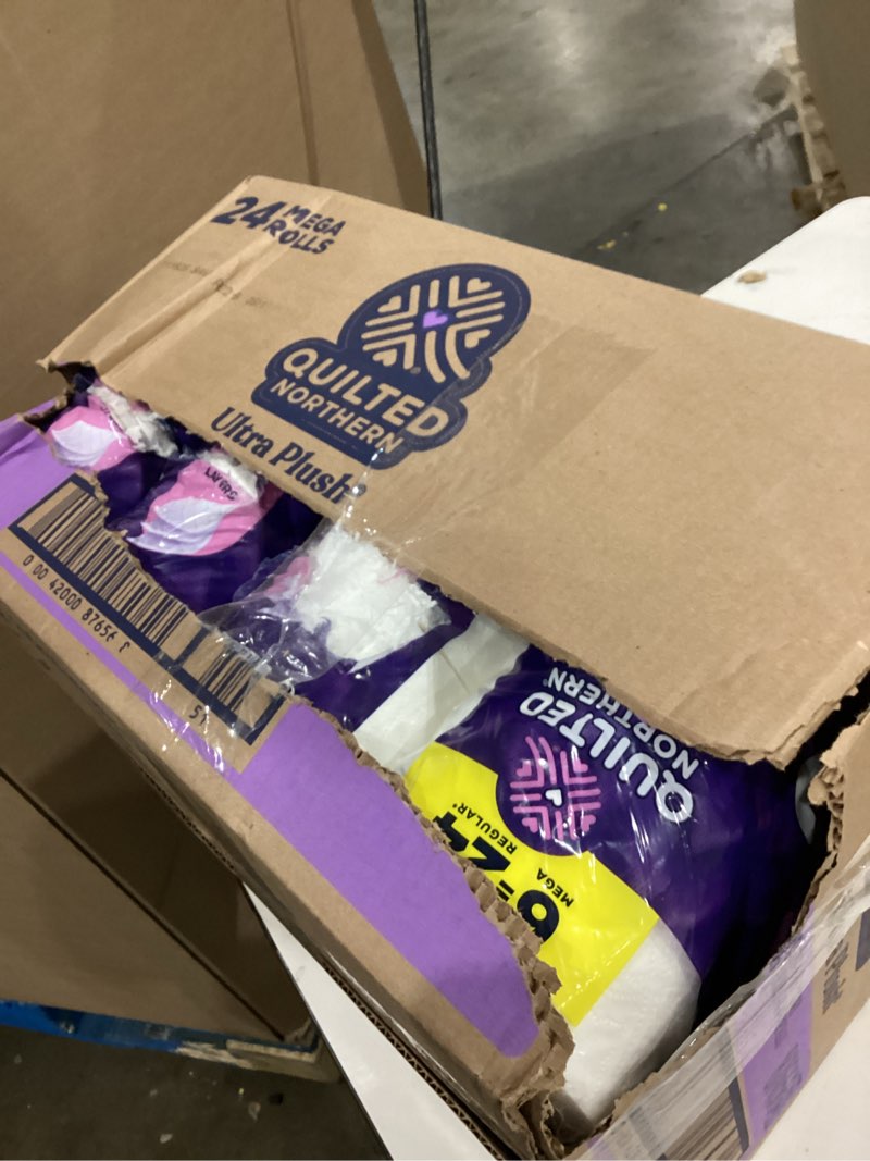 Condition photo showing As Is for DAMAGE TO ROLLS AS IS!   Quilted Northern Ultra Plush 3-Ply Bathroom Tissue Mega - 255.0 ea 4-6packs 24 mega rolls total