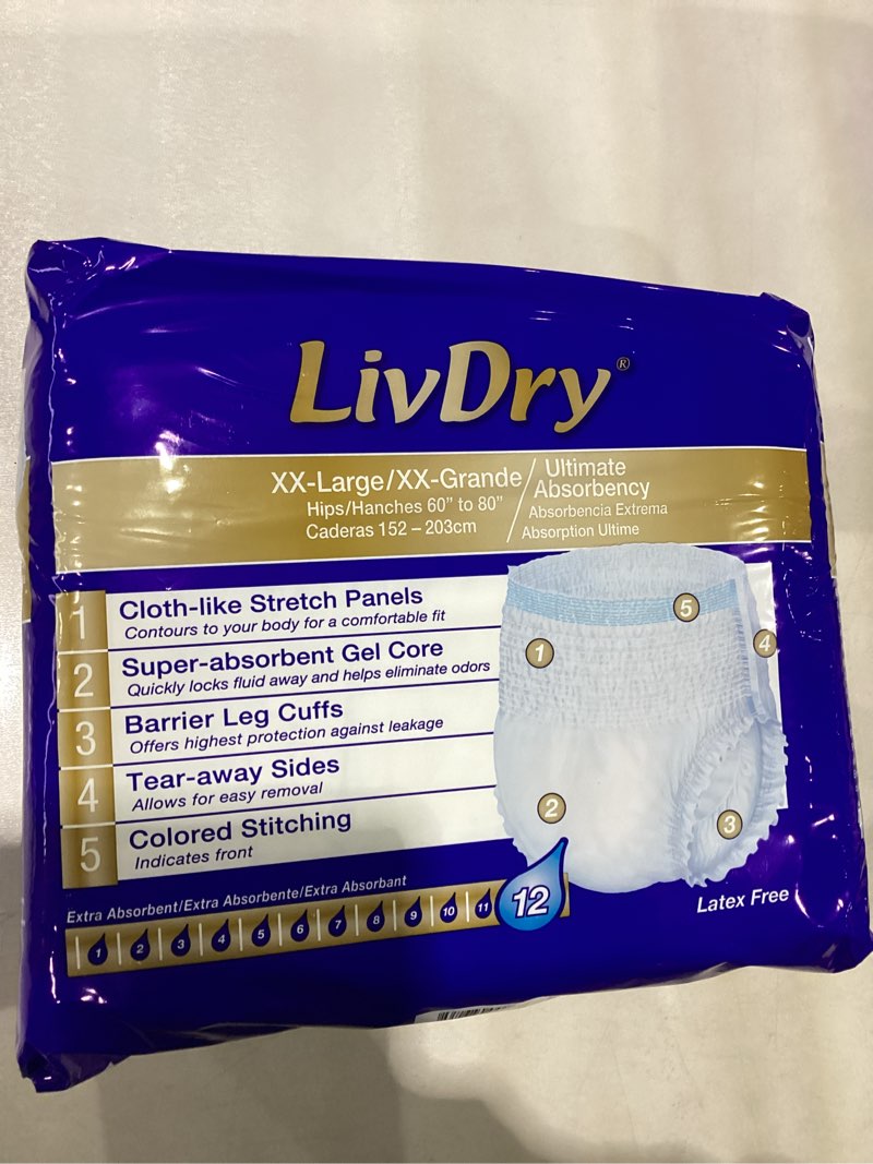 Condition photo showing New/Like New for LivDry Ultimate 2XL Adult Incontinence Underwear, Max Absorbant Diapers for Women and Men, XXL 60” -80" Waist, Leak Proof Cuff, XX-Large, 11-Pack XX-Large (11 Count)