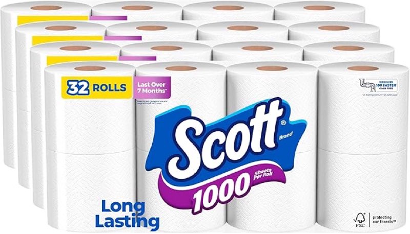 Scott 1000 Toilet Paper, 32 Rolls, Septic-Safe, 1-Ply Toilet Tissue