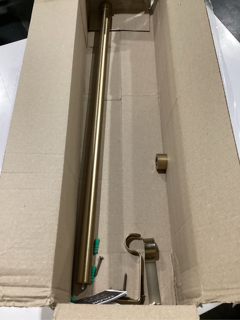 Condition photo showing As Is for ivilon drapery window curtain rod - end cap style design 1 inch pole. 28 to 48 inch color warm gold 28 to 48 in.