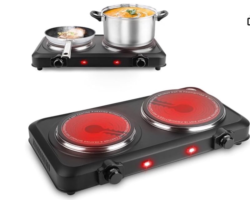 Countertop Infrared Double Burner, 2000W Electric Hot Plate with 7.5" Ceramic Glass Cooktop, Stepless Temperature Adjustable & Heat-up In Seconds, for Home Dorm, Compatible with All Cookware