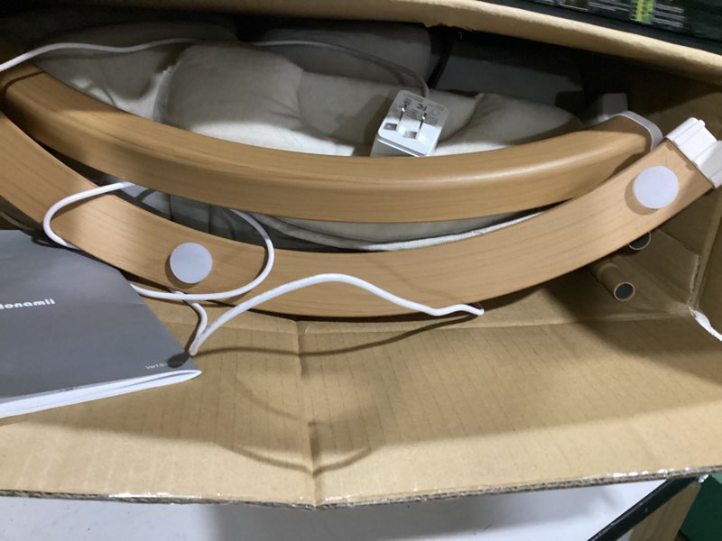 Condition photo showing As Is for baby swings for infants, monamii baby swing, bluetooth infant swing with music speaker, 5 speeds and remote control, indoor & outdoor use (beige)