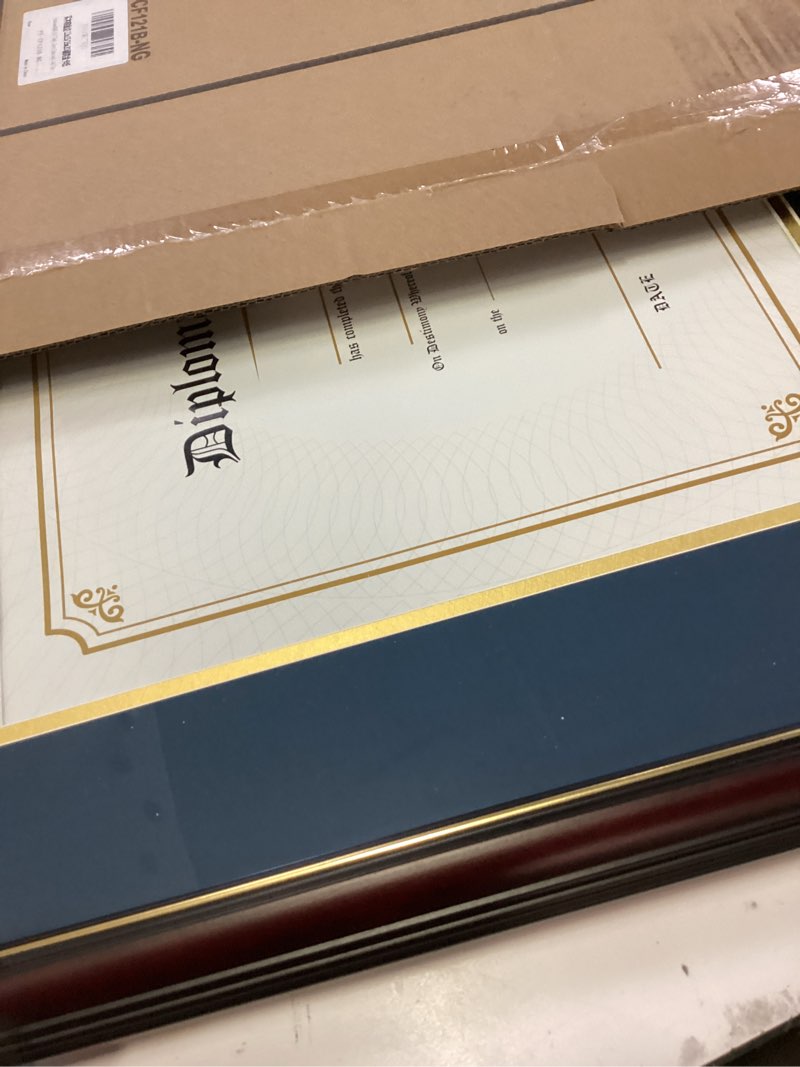 Condition photo showing Good Condition for graduationmall 12x15 diploma frame with navy over gold mat or display 16x20 certificate without mat,solid wood & tempered glass,cherry finish with gold trim cherry with gold trim / blue gold mat 16x20 or 12x15 with mat