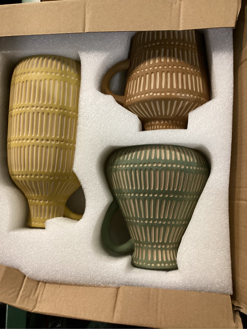 Condition photo showing Good Condition for boho ceramic vase set of 3 for living room bedroom modern yellow brown green fake flower plant vases for home decor office centerpieces antique retro rustic farmhouse vintage classic gift multicolor