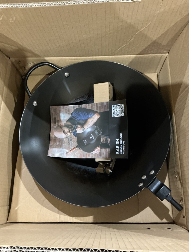 Condition photo showing As Is for missing handle babish carbon steel flat bottom wok and stir fry pan, 14-inch