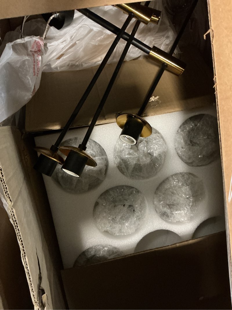 Condition photo showing As Is for 8-Light Sputnik Black Chandelier with Globe Glass Black and Gold Pendant Lights Bubble Light Chandeliers for Dining Room Farmhouse Kitchen Living Room Bedroom Office