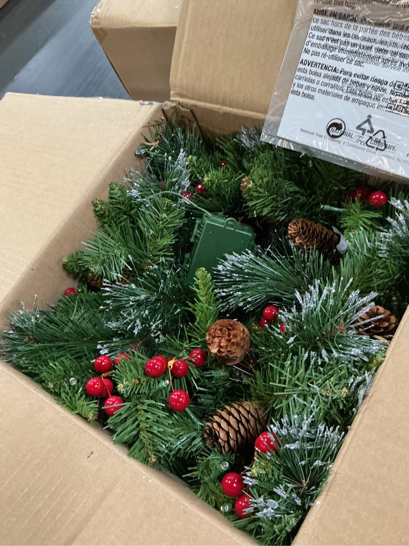 Condition photo showing New/Like New for national tree company 20 in pre-lit crestwood spruce artificial christmas hanging basket, christmas decoration with glitter, pinecones, red berries, 50 warm white led lights, 72 tips, timer, green green 16 inch