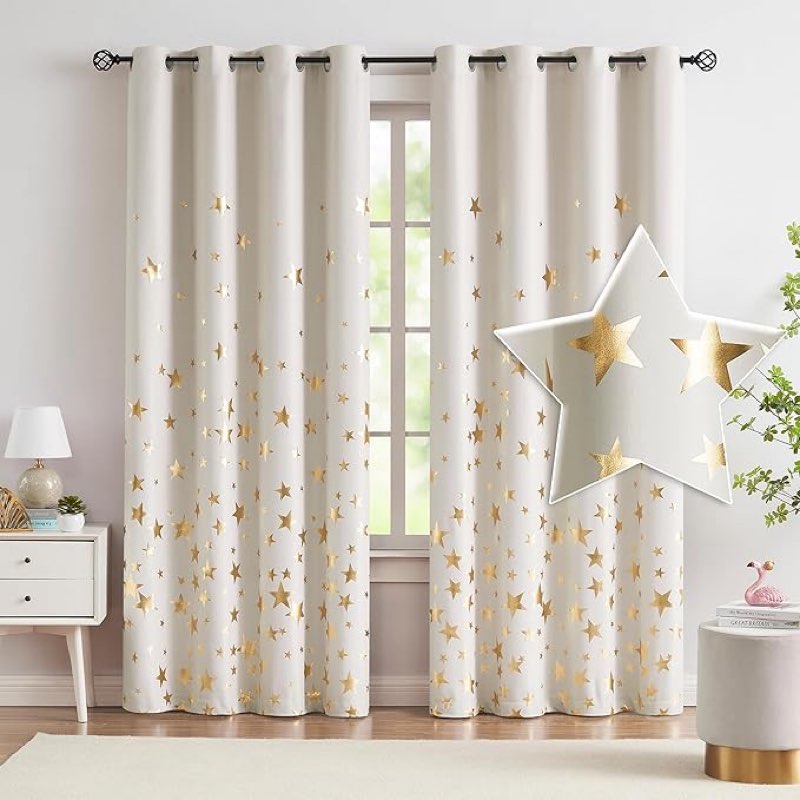 Treatmentex Ivory Blackout Curtains for Bedroom, Sparkling Gold Star Blackout Window Panel Drapes for Kids Girls Baby Nursery Room 50x84, Gold Ivory, 2panels