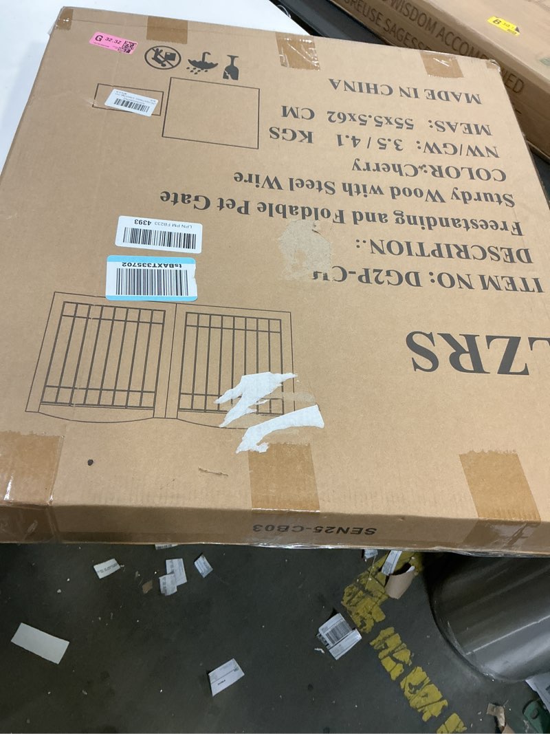 Condition photo showing New/Like New for LZRS 2-Panel Freestanding Foldable Wood Dog Gate – Solid Wood & Steel Wire, Chew-Resistant Pet Barrier for Indoor Use, Ideal for Small to Medium Dogs, Cherry 24"Height-2 Panel Oak Cherry
