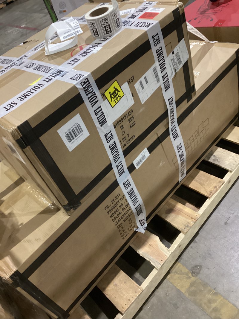 Condition photo showing New/Like New for GIA Furniture Home Series Modern Marshmallow Boucle Fabric Sofa, 3-Seater Couch with Eucalyptus Wood Frame, 2 Pillows, Olive Green