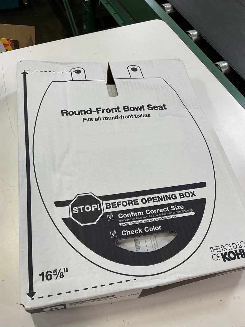 Condition photo showing New/Like New for kohler 20111-0 brevia, slow close toilet seat, round toilet seat, grip-tight bumpers quick-attach hardware, white