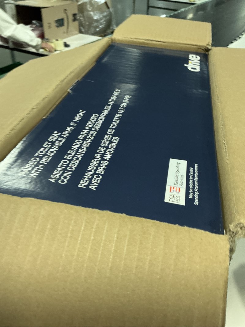 Condition photo showing New/Like New for drive medical 2-in-1 raised toilet seat with removable padded arms - elevated bathroom safety support - secure locking attachment - easy height assistance - durable plastic construction standard
