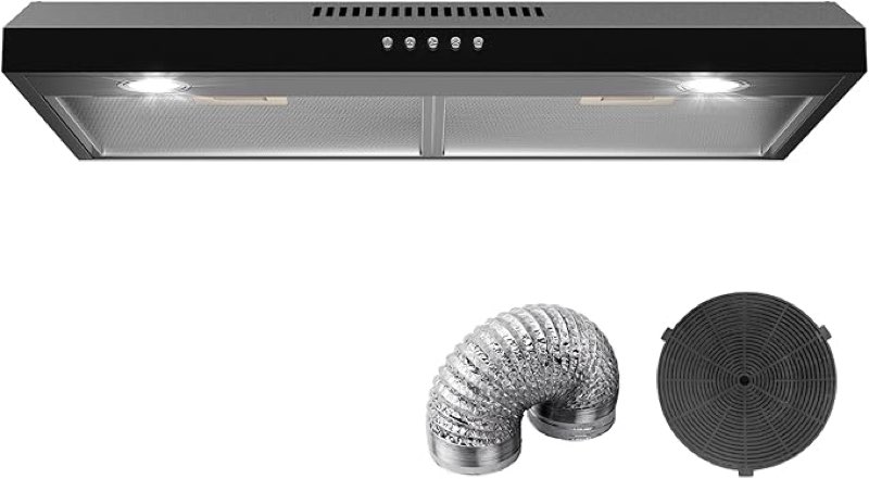 30 Inch Under Cabinet Range Hood, Ducted/Ductless Convertible Kitchen Extractor, Ultra Slim Stove Vent for Kitchen, Oven Exhaust Fan with Charcoal Filter and Foil Pipe