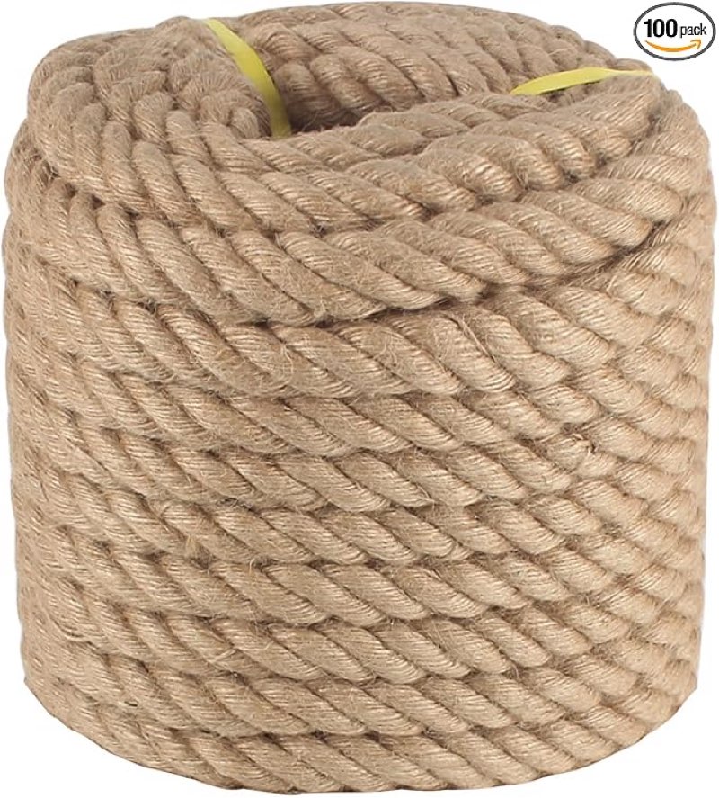 natural hemp rope,1/3 inch 100 feet jute rope, twisted manila rope, twine string indoor outdoor diy thick rope home decor crafts for bundling, climbing, hammock, nautical, tug of war 100ft 1/3 inch