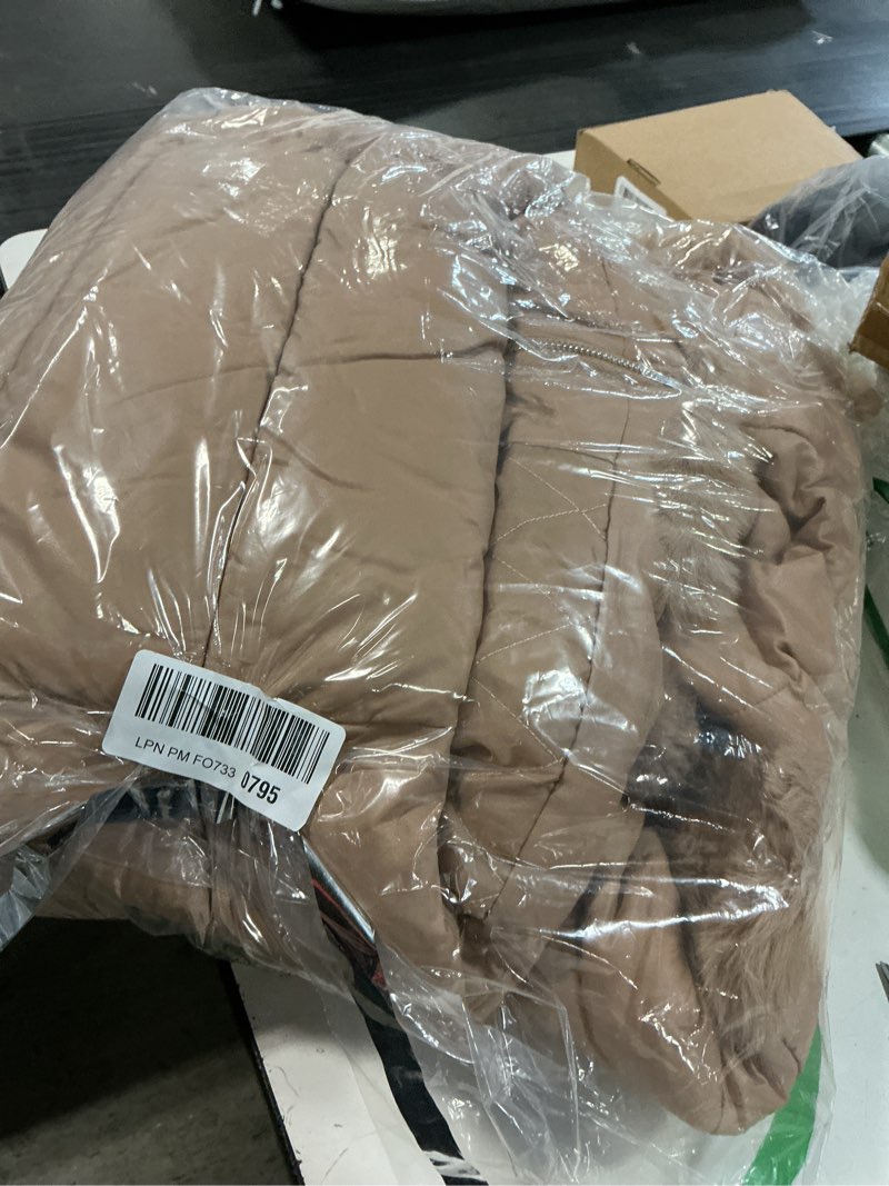 Condition photo showing Good Condition for bellivera women faux leather winter trendy puffer jacket water-resistant thicken bubble coat with fur hood and belt apricot small