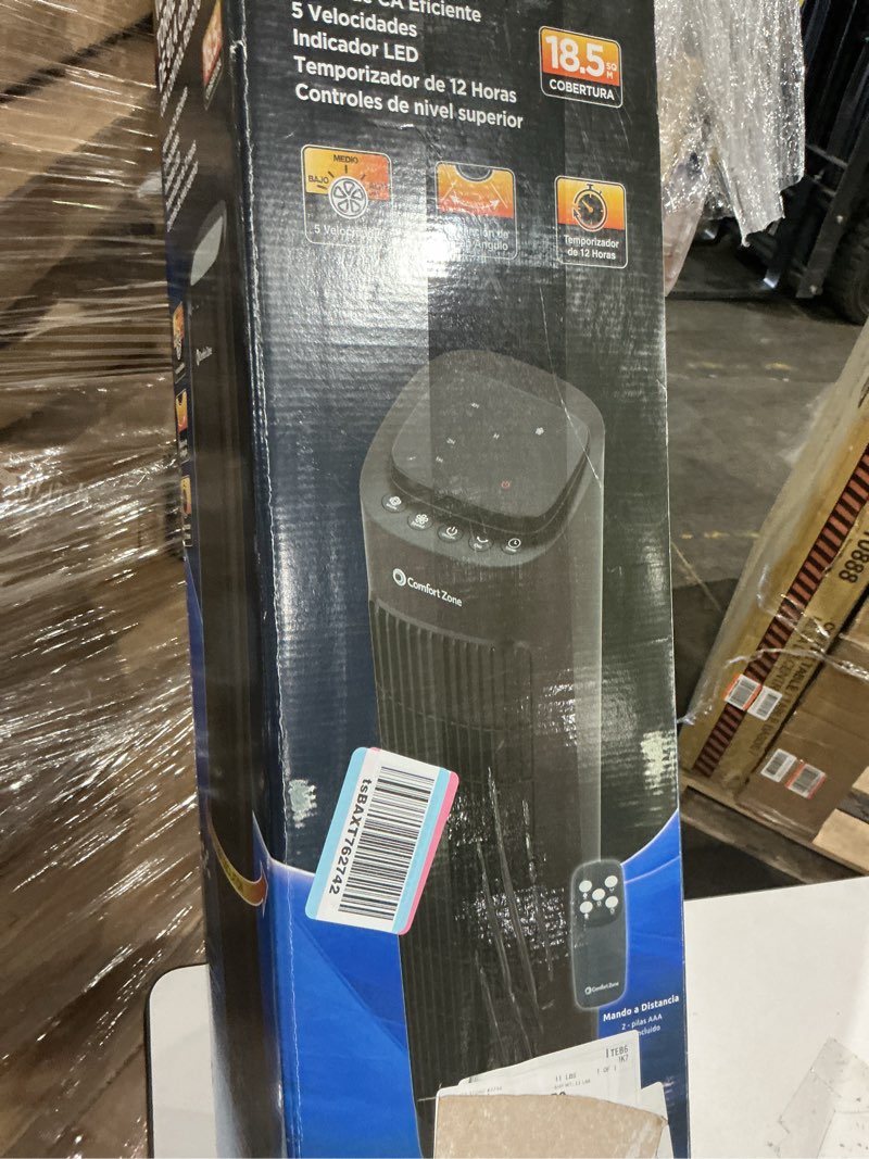 Condition photo showing As Is for comfort zone 36” tower fan with remote control for home, 60 degree oscillation, 3 speeds, 12h timer, carry handle, black
