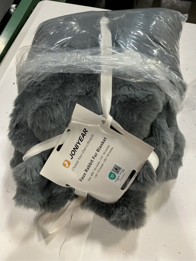 Condition photo showing Good Condition for joniyear solid thick bubble faux rabbit fur throw blanket 50" x 60", decorative bumpy cute cozy fluffy gray warm blanket for winter,reversible luxe fuzzy textured poofy comfy shag furry blankets, grey