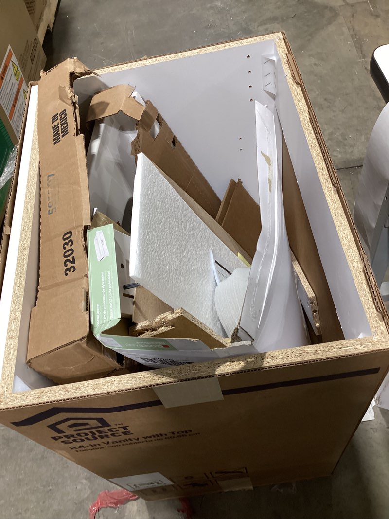 Condition photo showing As Is for 1k+ bought last week Project Source Dover 24-in True White Single Sink Bathroom Vanity with White Cultured Marble Top