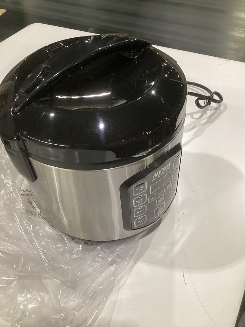 Condition photo showing Good Condition for (not tested)aroma professional digital rice cooker, multicooker, 4-cup (uncooked) / 8-cup (cooked), steamer, slow cooker, oatmeal cooker, sts, auto keep warm, 2 qt, stainless steel exterior, arc-954sbd 4-cup uncooked rice