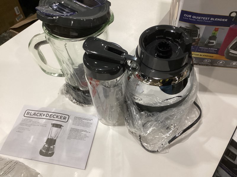 Condition photo showing New/Like New for Black+Decker Quiet Blender with 6-Cup Cyclone Glass Jar, 3 Speeds + 3 Functions & Serrated Blade Technology for Faster Blending, Pulse Button and 24-oz Personal Jar, 900W, NOT TESTED