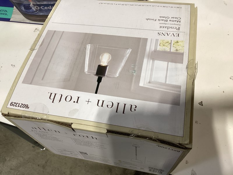 Condition photo showing New/Like New for  allen + roth evans 1 -light matte black transitional clear glass cone small hanging pendant light