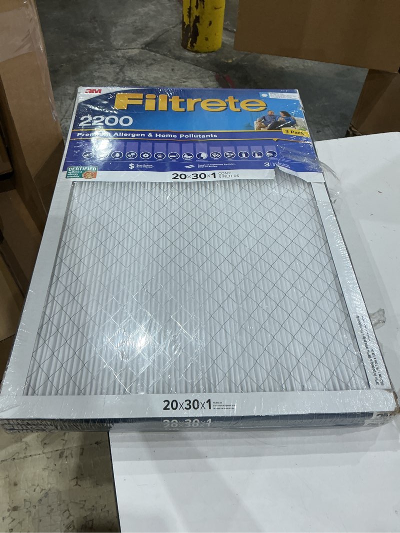 Condition photo showing As Is for filtrete 20 in. w x 30 in. h x 1 in. polypropylene 2200 mpr pleated allergen air filter 3 pk