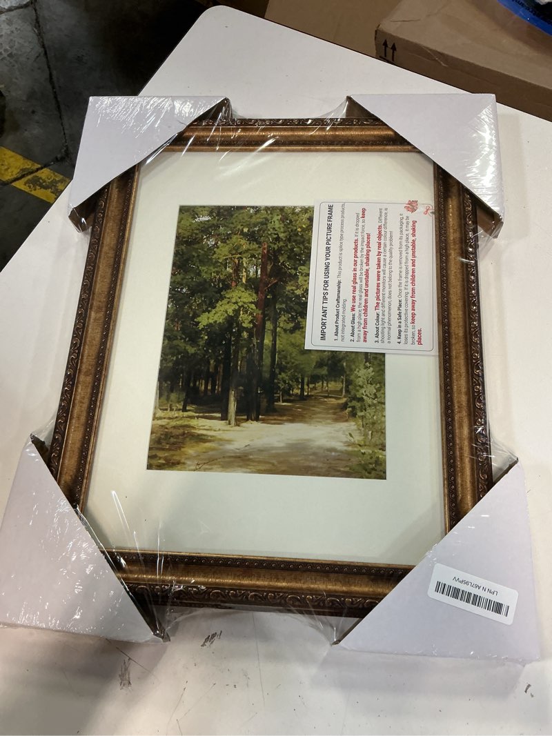 Condition photo showing New/Like New for Golden State Art, 12x16 Black Trim Gold Frame - White Mat for 8x12 Photo - Vintage Antique Style - Brushed Texture Finish - Wall Mounting - Portrait/Landscape - Tempered Glass 12x16 Dark Gold-Brown