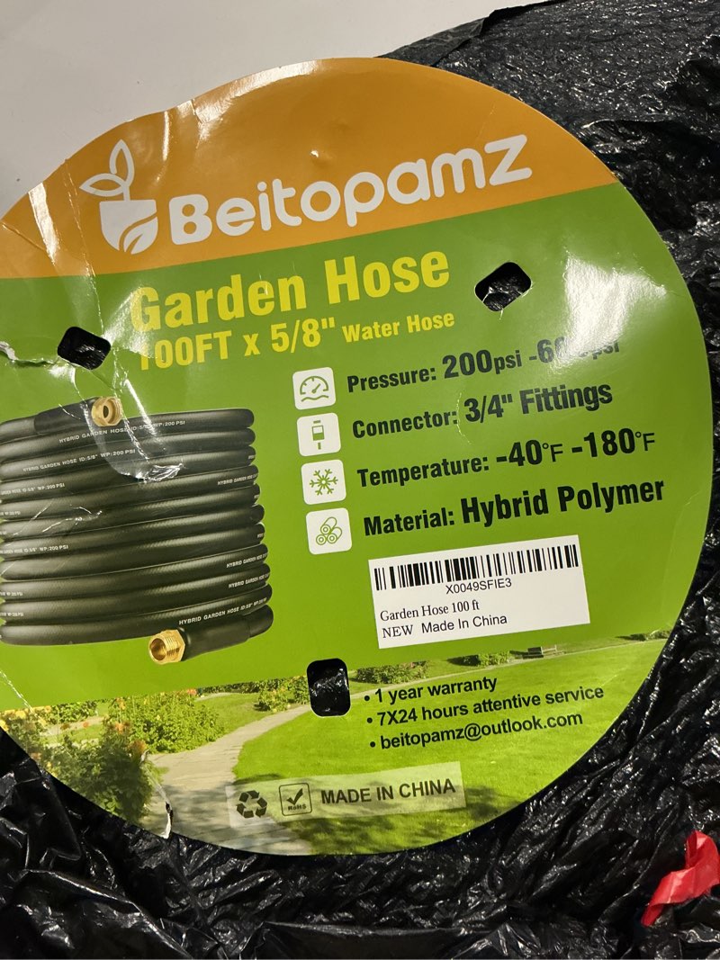 Condition photo showing Good Condition for beitopamz 200 ft garden hose, 5/8 in heavy duty water hose, flexible and durable, lightweight rubber hybrid hose, leak-free connections, male to female 3/4'' brass fittings for patio, lawn, black