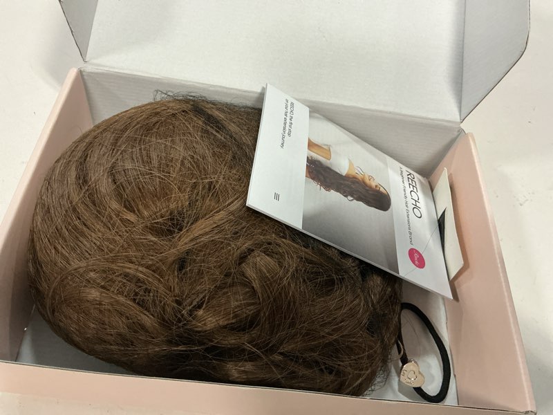 Condition photo showing Good Condition for REECHO Messy Bun Hair Piece with Bangs – 2-in-1 Drawstring Ponytail Extension Updo Wig & Hair Topper with Long Side Bangs, Natural-Looking Hair Bun Hairpieces for Women - Light Brown