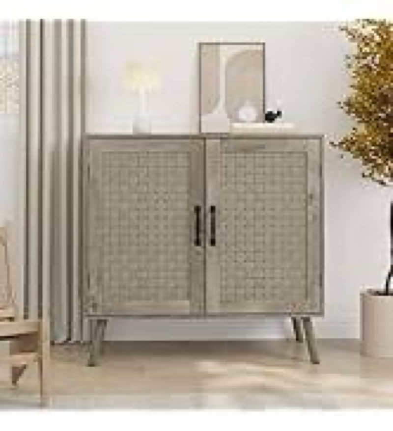 Smuxee Wood Sideboard, Freestanding Buffet Cabinet with 2 PVC Rattan Doors, Storage Cabinet with Adj