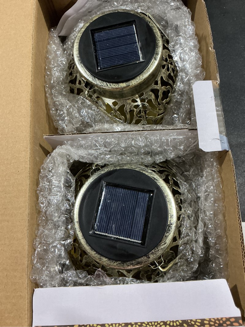 Condition photo showing Good Condition for 2 pack outdoor solar hanging lantern lights metal led decorative lamp for garden patio courtyard lawn and table with hollowed-out design (antique bronze)