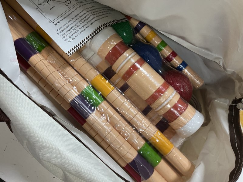 Condition photo showing Good Condition for ropoda six-player croquet set with wooden mallets, colored balls, sturdy carrying bag for adults &kids, perfect for lawn,backyard,park and more 28"-standard