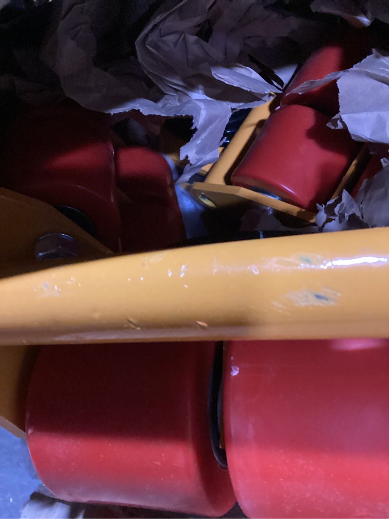 Condition photo showing As Is for vevor machine skate, 6t machinery skate dolly, 13228 lbs machinery moving skate, machinery mover skate with 360° rotation cap and pu directional rollers, heavy duty industrial moving equipment, yellow