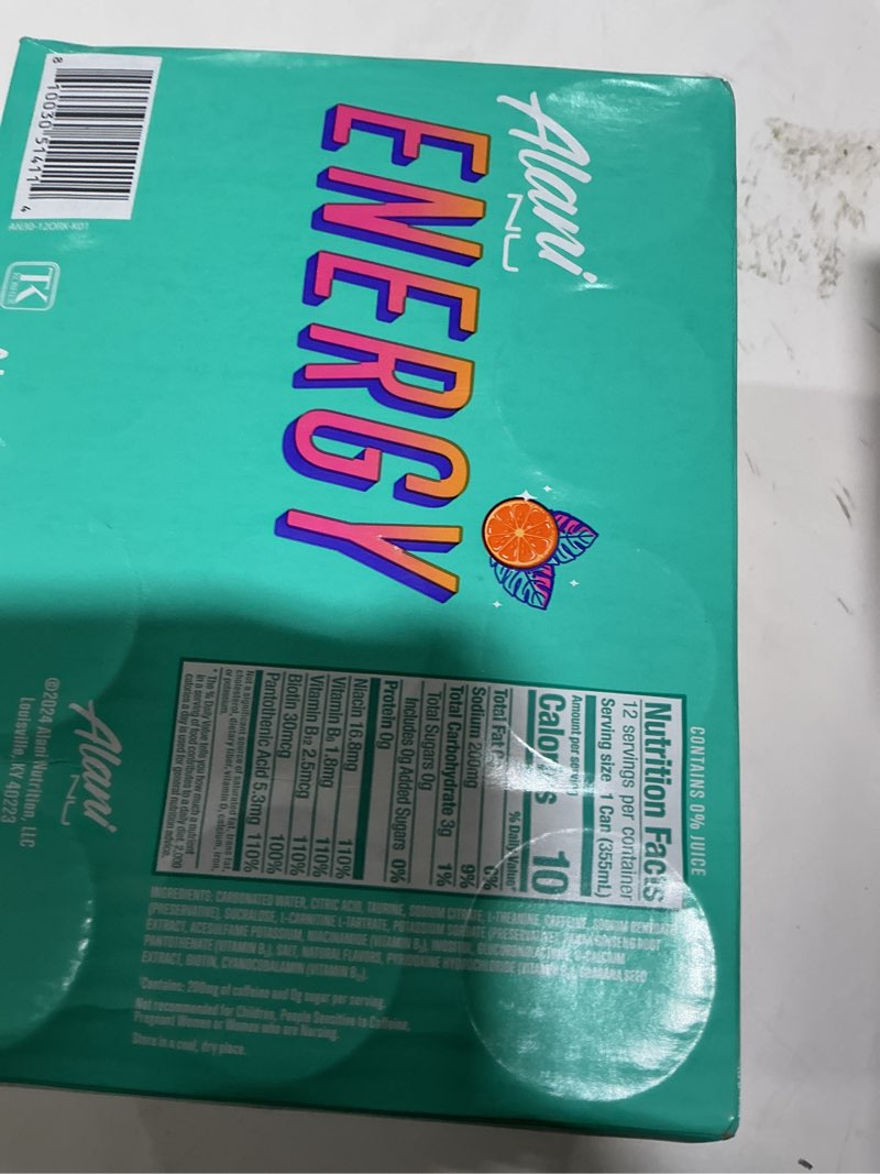 Condition photo showing Good Condition for Alani Nu ORANGE KISS, Sugar Free, Low Calorie Energy Drinks, 200mg Caffeine, Biotin, B Vitamins, Zero Sugar, 10 Calories, 12 Fl Oz Cans, 12 Pack Orange Kiss 12 Fl Oz (Pack of 12)