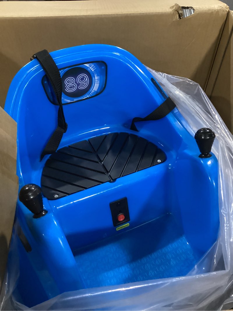 Condition photo showing As Is for flybar 6v blue glow bumper car for kids – led ride-on toy with 360° spin, rechargeable battery, and soft rubber bumpers – safe indoor fun for toddlers ages 1.5+, up to 66 lbs glow blue