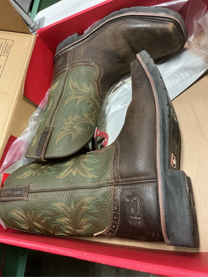 Condition photo showing As Is for Justin Driller 11" Work Boot for Men - Durable Construction, Slip-Resistant Sole, Comfortable Fit, Cedar - 9.5 EE