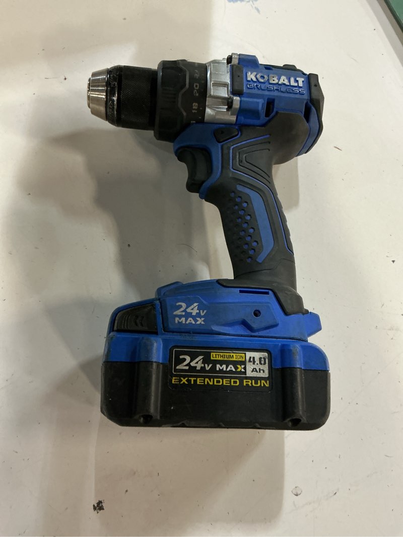 Condition photo showing As Is for kobalt xtr 24-volt 1/2-in keyless brushless cordless drill ( 1 -batteries included, and charger included