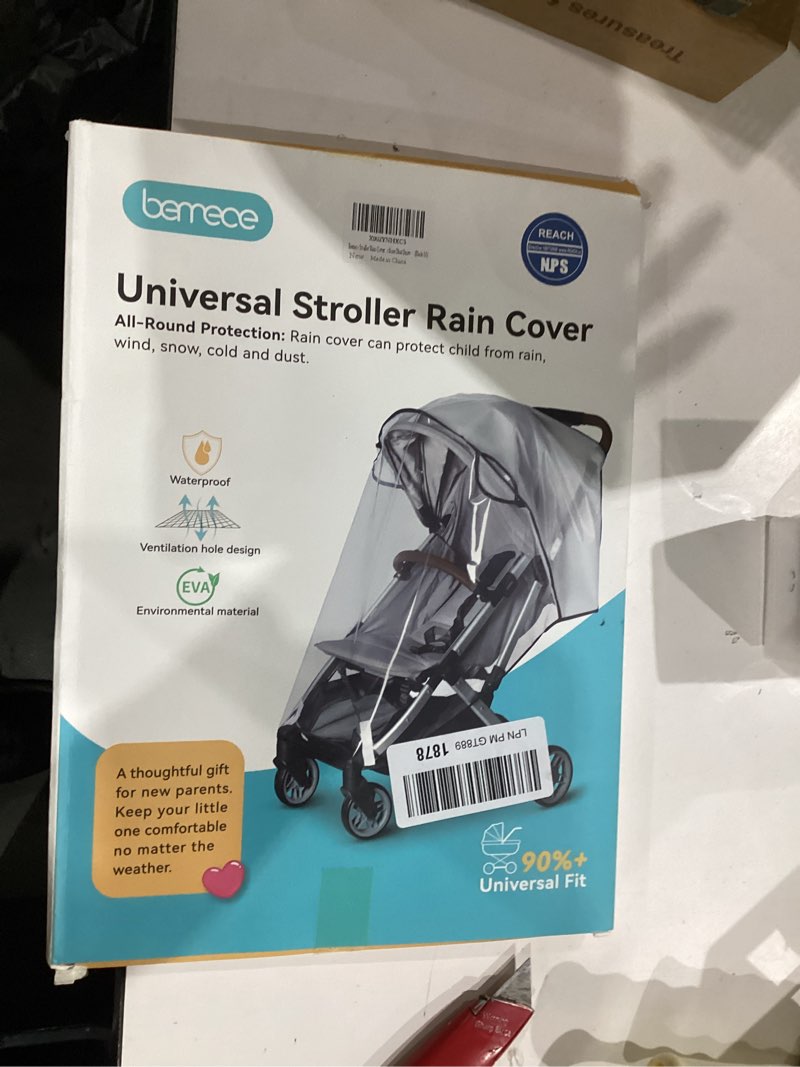Condition photo showing New/Like New for bemece stroller rain cover, universal stroller - waterproof windproof travel weather shield thick & durable protect from dust and snow with breathable ventilation mesh clear visibility black-transparent