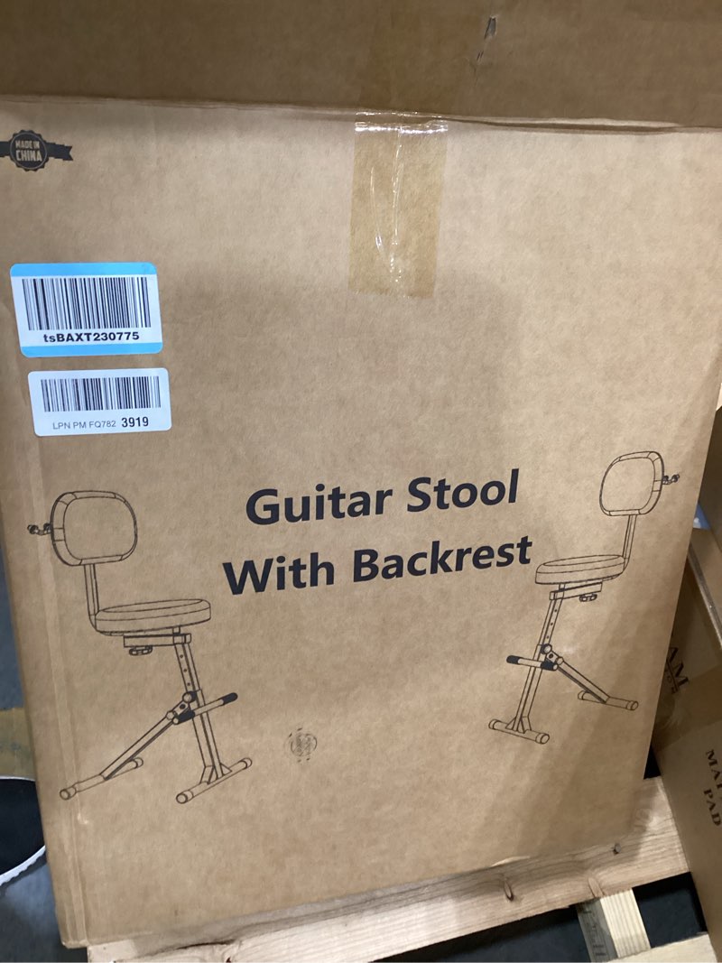 Condition photo showing New/Like New for upella saddle guitar stool with back support and guitar hanger, height adjustable saddle seat, music