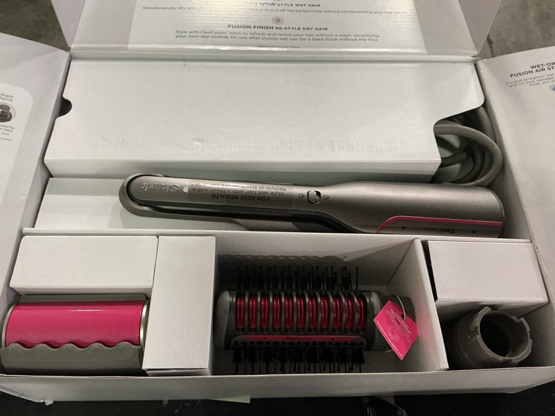 Condition photo showing New/Like New for shark flex fusion hair straightener & powerful hair dryer with fusion hair brush, air styler with auto-wrap hair curlers, concentrator, & frizz fighter, metallic mist, hd651s flexfusion-for all hair types