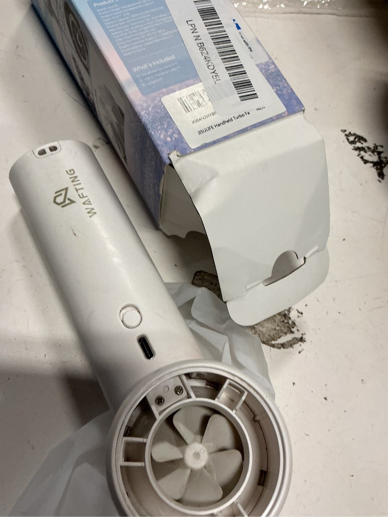 Condition photo showing As Is for JISULIFE Handheld Turbo Fan, 5000mAh Rechargeable Portable Fans,Up to 28 Hours Working,5 Speed Strong Wind,Personal Mini Fan for Travel Outdoor Camping Beach Makeup?Gray? LED Display Gray