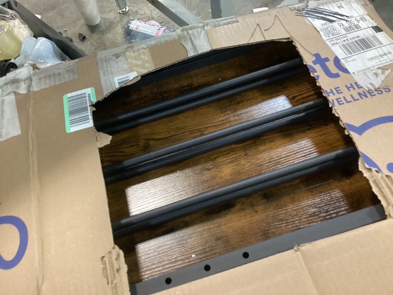 Condition photo showing As Is for 20 Gallon Fish Tank Stand with Power Outlet, Aquarium Stand with Shelf, Metal Reptile Terrarium Tank Stand, 3-Tier Adjustable Storage Shelves, 28''L×15.7''W×30''H, Retro Brown