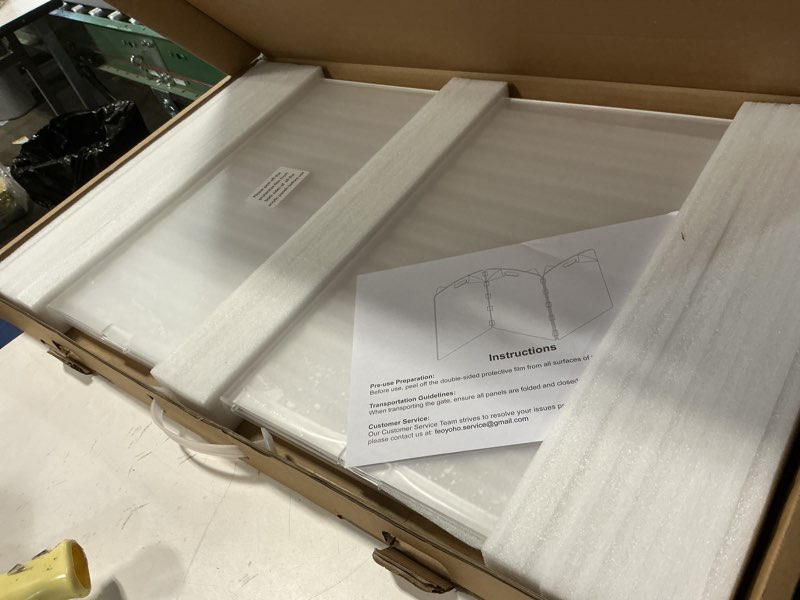 Condition photo showing Good Condition for Modern Frame Clear Acrylic Freestanding Dog Gate - 32" Tall Folding 3-Panel Pet Barrier for Doorways, Stairs & Large Openings, Indoor Fence for Small to Large Dogs & Cats 32" Height-3 Panel