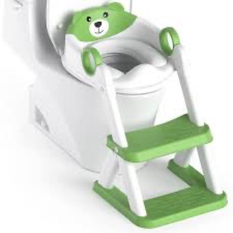 HuBorns - Children's toilet adapter with adjustable height ladder, children's toilet reducer with stable non-slip triangular structure, folding children's bath adapter with padded cushion green